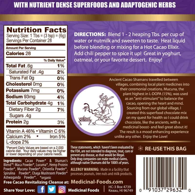 The Original Cacao Elixir supplement facts label