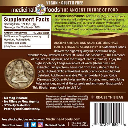 Chaga Mushroom Powder supplement facts label