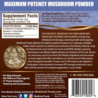 Cordyceps Mushroom Powder supplement facts label