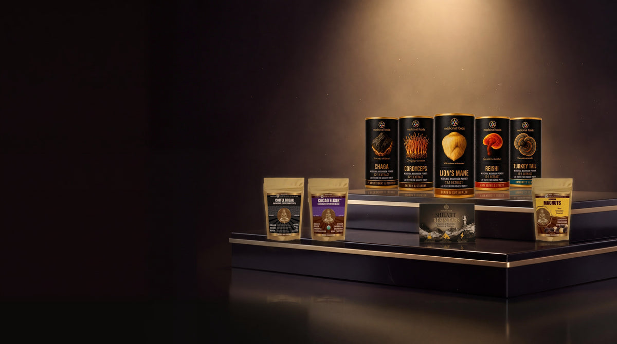 Medicinal Foods product display: mushroom extract tins, Coffee Break, Cacao Elixir, Altai Shilajit and Macnuts