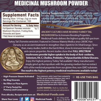 Turkey Tail Mushroom Powder supplement facts label