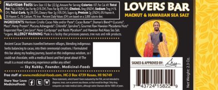 Medicinal Mushrooms, Superfood Macadamia Nut bar. Lovers Chocolate bar, Macnut & Hawaiian Sea Salt.