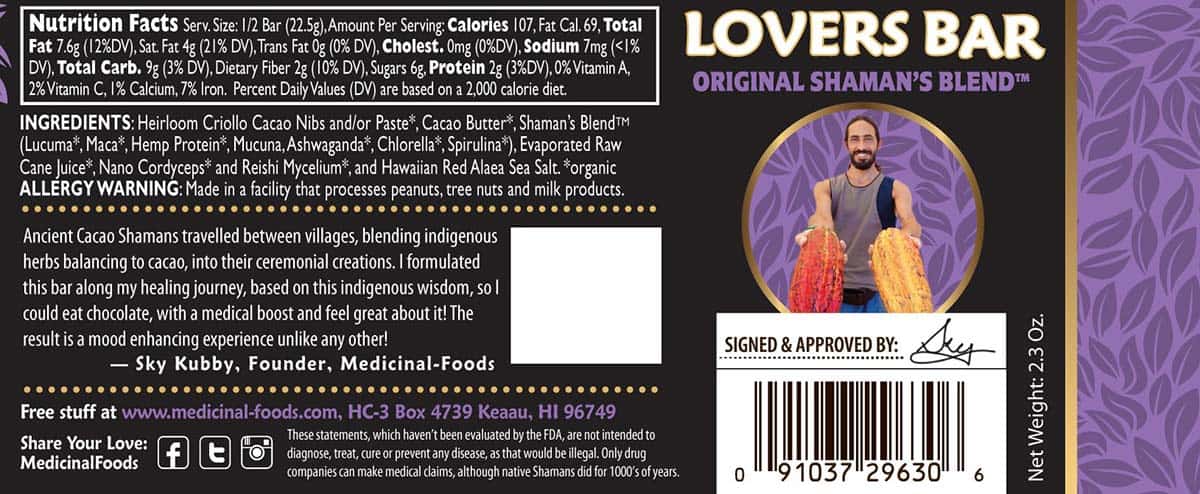 Raw Chocolate Organic Lovers Bar Original Shamans Ingredients