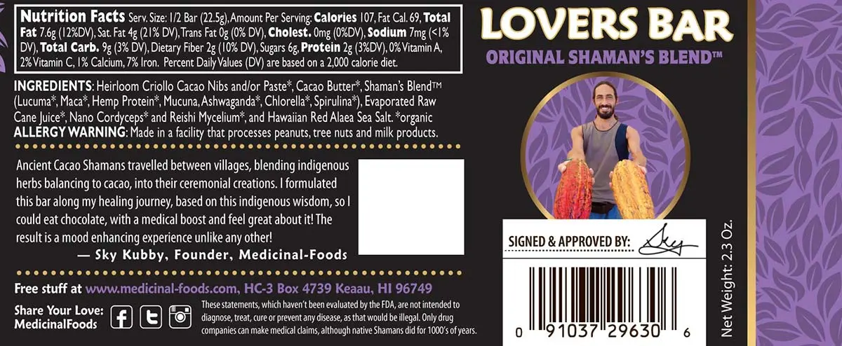 Raw Chocolate Organic Lovers Bar Original Shamans Ingredients