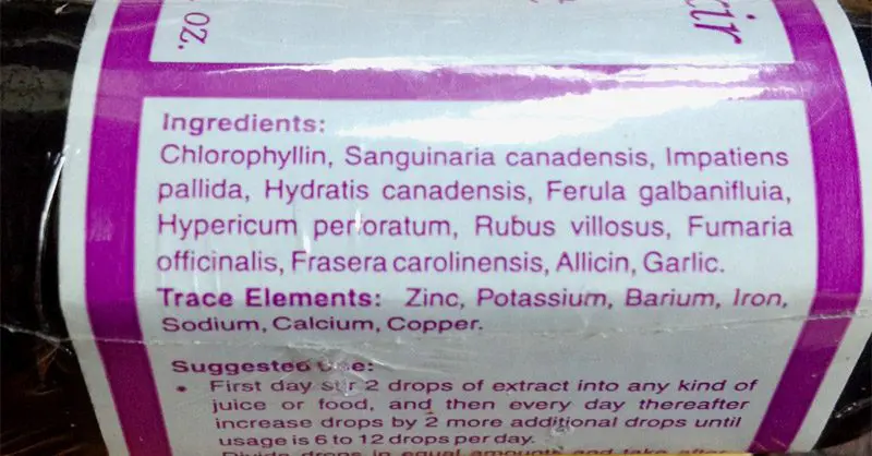 Vitae Elixxir Herbal Ingredients List Label