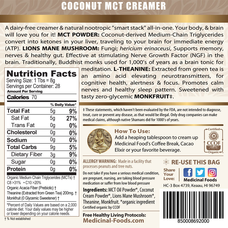 Smart Cream Coconut Mct Oil Lions Mane Nootropic Ingredient Label