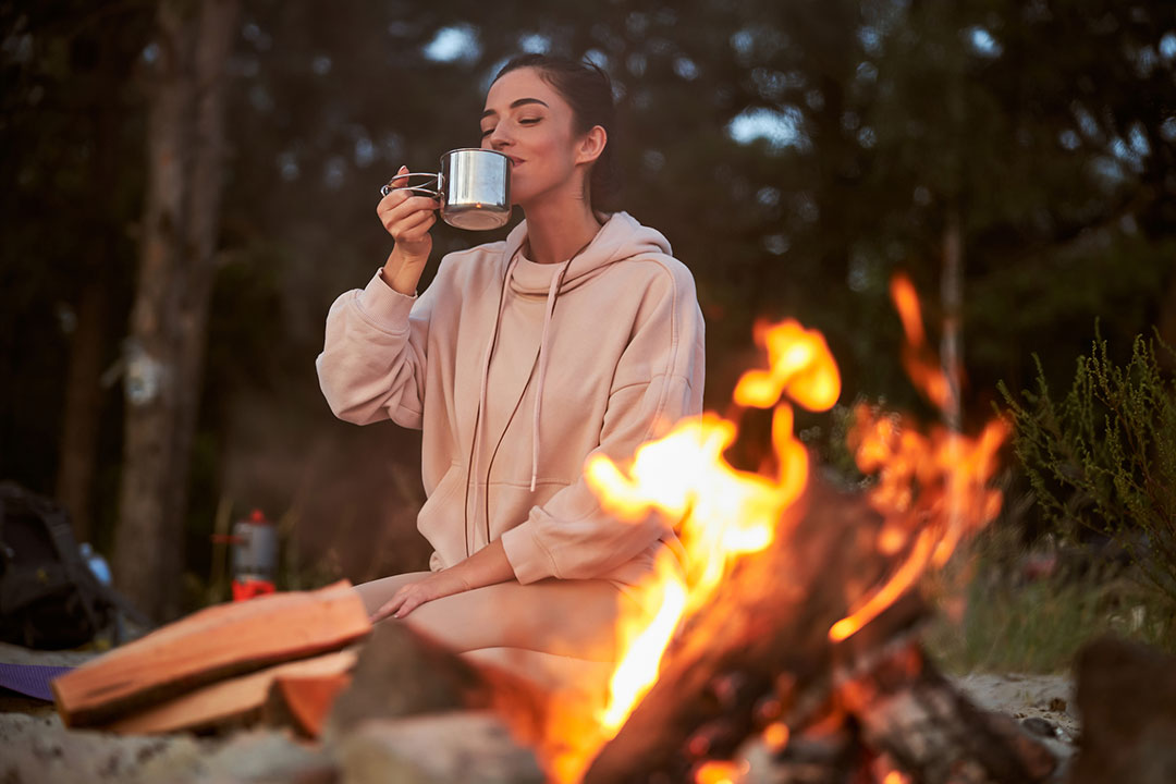 Girl Camping Fire Coffee Break Drink