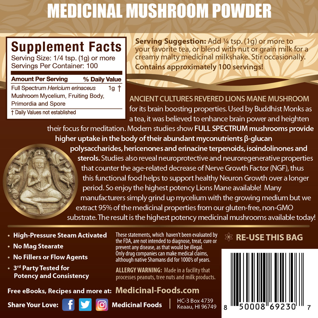 Lions Mane Mushroom Powder Ingredients Label