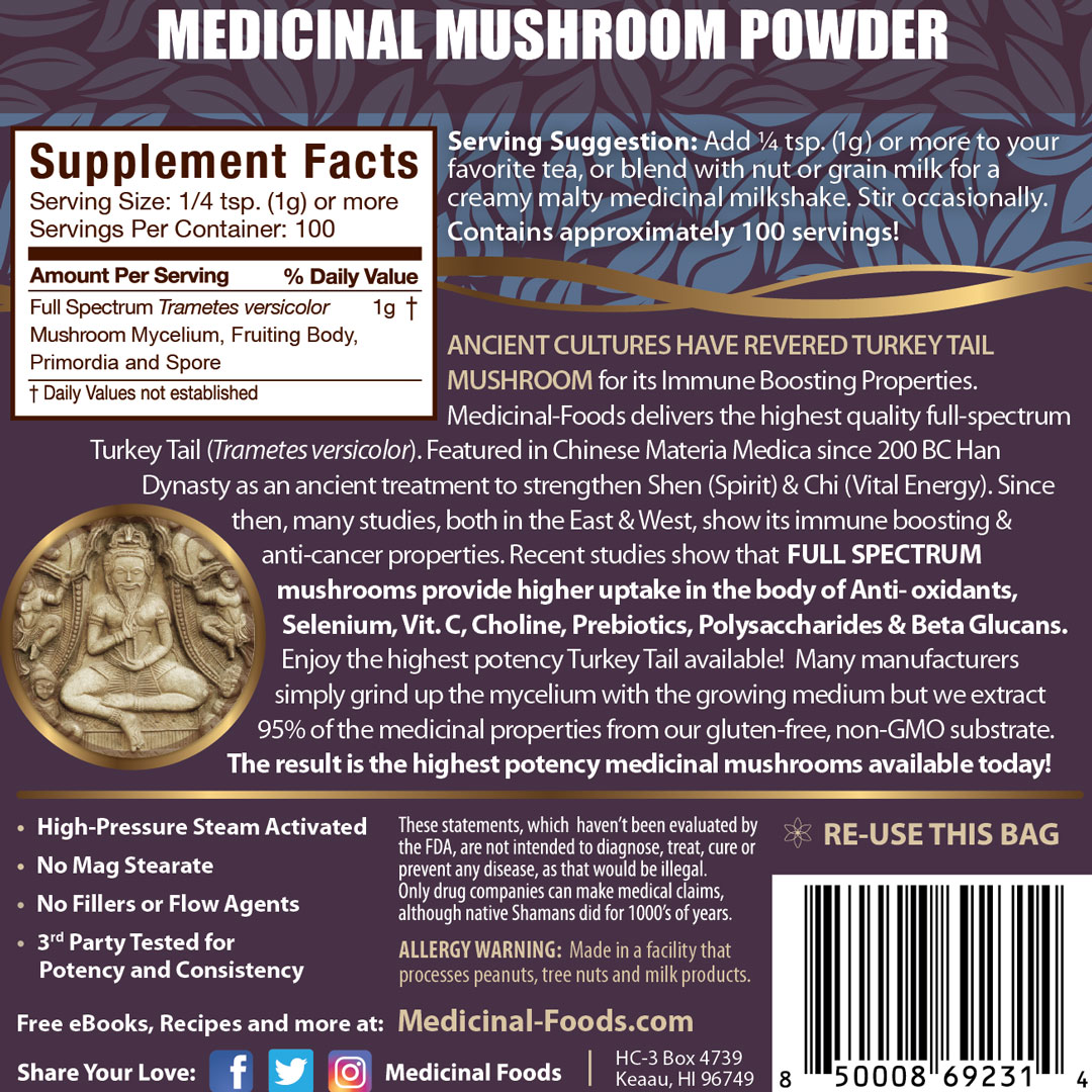 Turkey Tail Mushroom Powder Ingredients Label